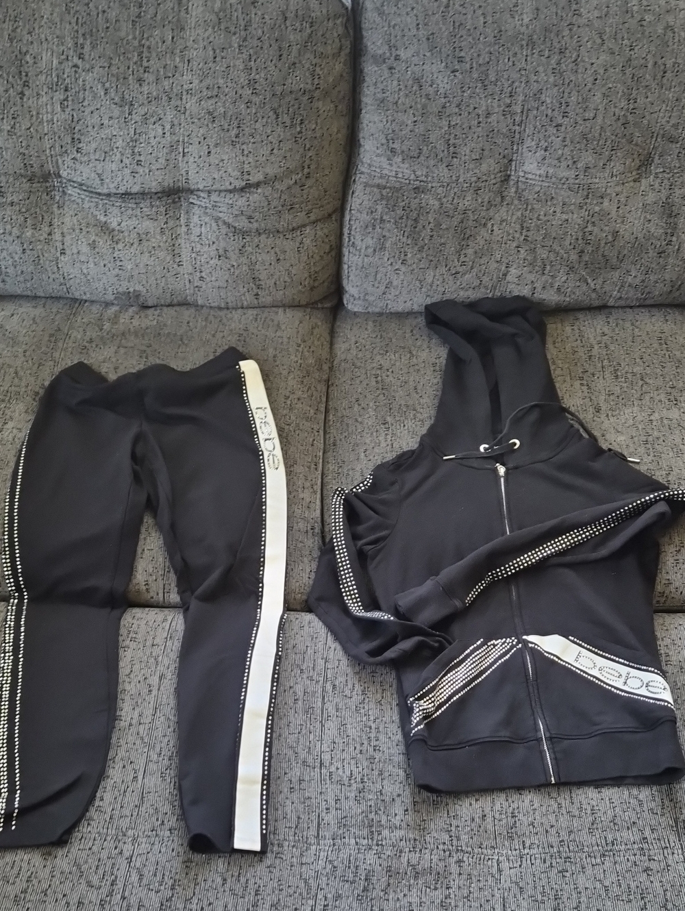 bebe Black Rhinestone-Trim Hoodie & Legging Set with White Side Stripe